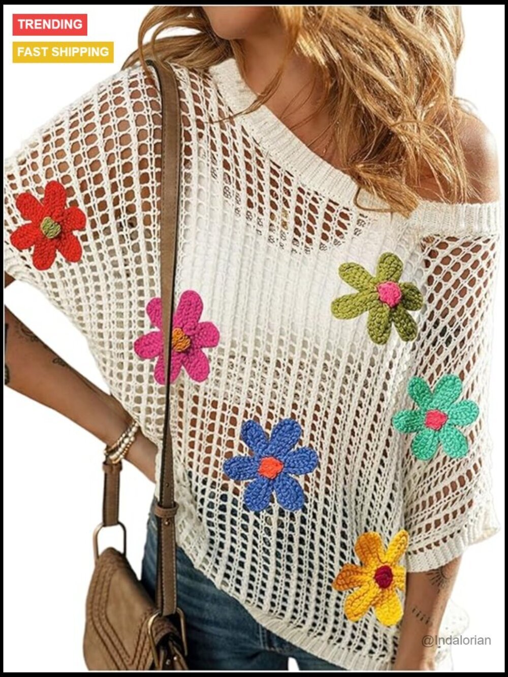Women's Floral Crochet Dolman Sleeve Sweater Pullover Boho Top